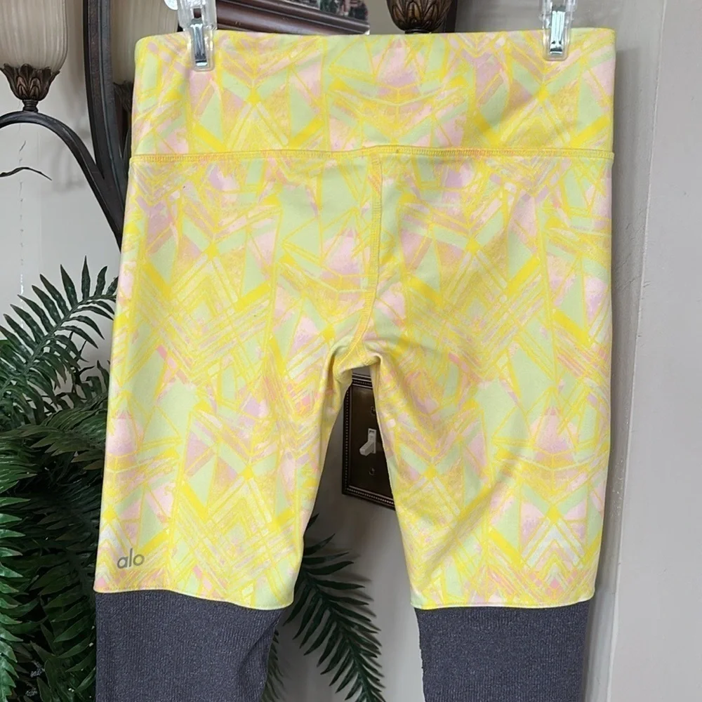 ALO Yoga Goddess Indio Zest High Waist Leggings Yellow Geometric & Gray Ribbed